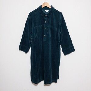 J Jill Corduroy Shirt Dress Womens Size XL Blue Ribbed Pockets Buttons Collared